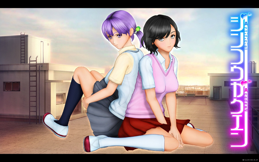 3d artificial_academy black_hair blush game gray_eyes grey_eyes illusion illusion_soft purple_eyes purple_hair rooftop school_uniform schoolgirl