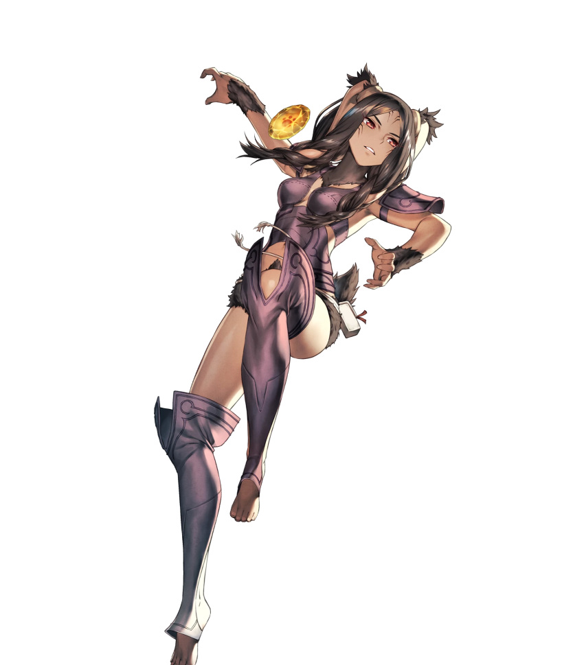 1girl animal_ears armor brown_fur brown_hair bunny_ears cozy dark_skin facial_mark fire_emblem fire_emblem:_kakusei fire_emblem_heroes full_body highres long_hair nintendo official_art pouch red_eyes solo taguel toeless_legwear transparent_background velvet_(fire_emblem)