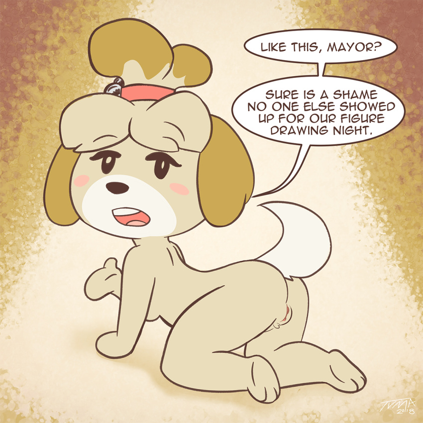 2018 animal_crossing blush breasts canid canine canis dialogue domestic_dog english_text female isabelle_(animal_crossing) mammal monochrome nintendo nude open_mouth presenting presenting_pussy pussy sepia solo speech_bubble text tvma video_games