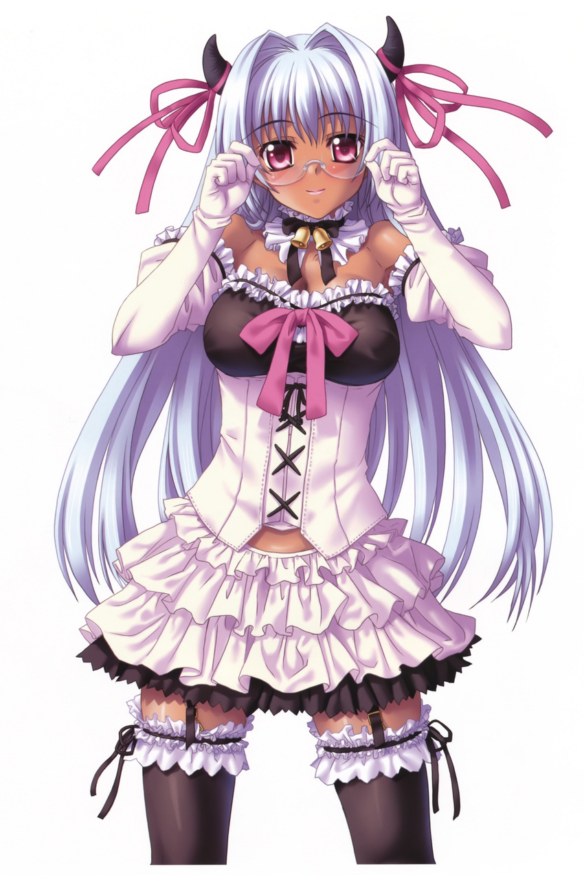 absurdres adjusting_glasses bell bells bespectacled blue_hair blush corset dark_skin demon_girl elbow_gloves garter_belt garter_straps glasses gloves highres horns legwear oni purple_eyes ribbon ribbons silver_hair smile stockings succubus thighhighs