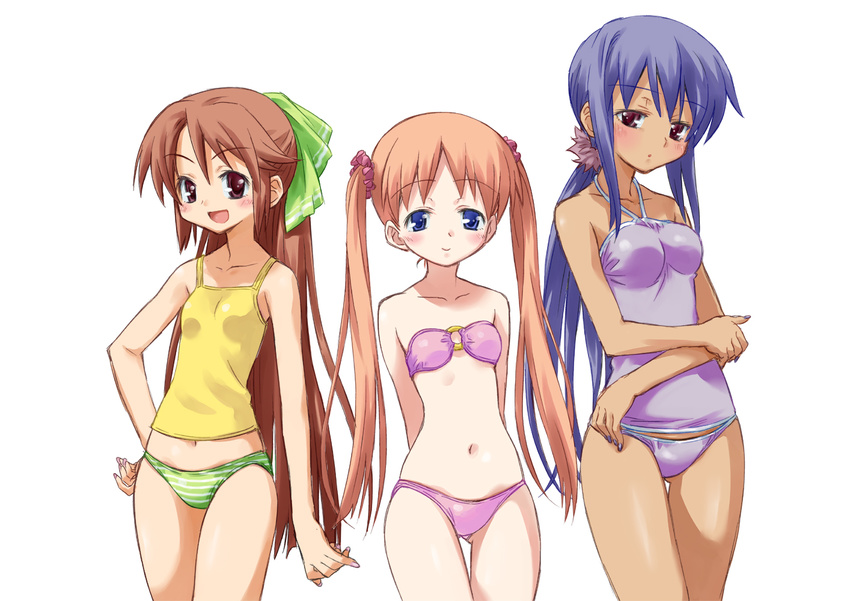 3girls bikini blue_eyes bow breasts brown_hair crossed_arms dark_skin frown hair_bow isedaichi_ken long_hair midriff multiple_girls nail_polish navel open_mouth orange_hair original panties ponytail purple_hair red_eyes small_breasts smile striped striped_panties swimsuit twintails underwear