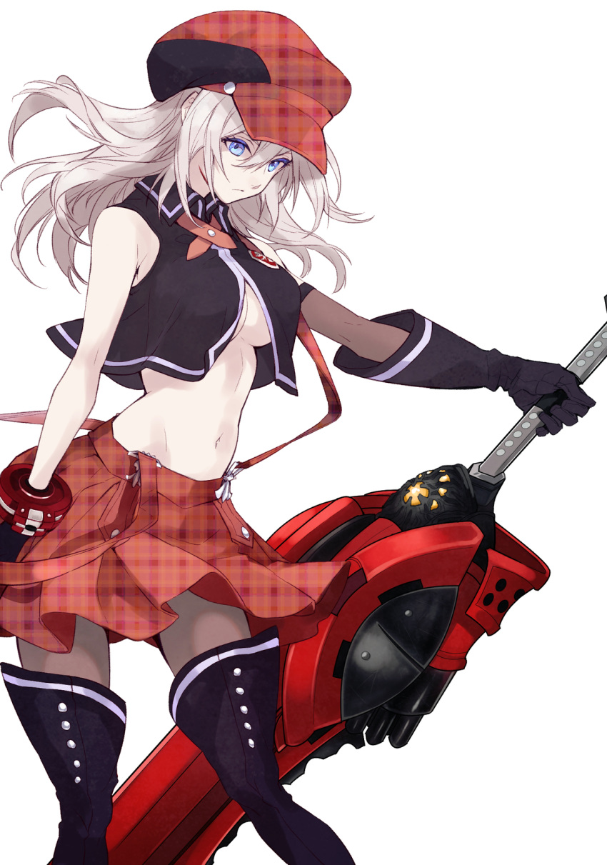 1girl alisa_ilinichina_amiella bare_shoulders black_footwear black_gloves blue_eyes boots breasts cabbie_hat closed_mouth commentary cowboy_shot elbow_gloves fingerless_gloves gloves god_eater hat highres holding holding_weapon huge_weapon long_hair midriff navel pantyhose plaid plaid_skirt pleated_skirt sanbabasanba shirt silver_hair skirt sleeveless sleeveless_shirt solo stomach suspender_skirt suspenders thigh_boots thighhighs underboob weapon
