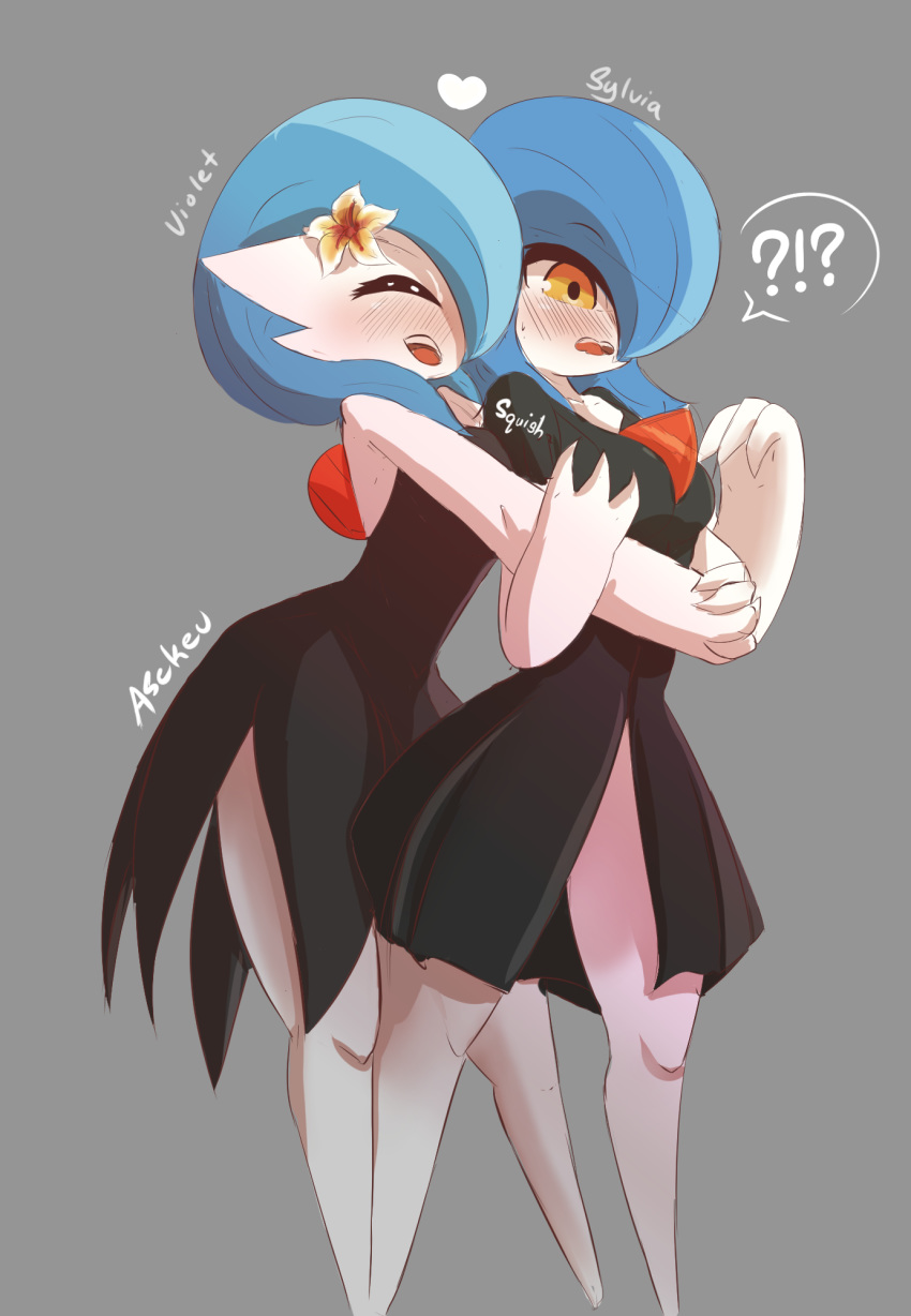 !? 2girls alternate_color artist_name asekeu bangs barefoot black_dress blue_hair blush breasts character_name collarbone creatures_(company) dress english_text eyebrows_visible_through_hair eyes_closed female flower full_body game_freak gardevoir gen_3_pokemon grey_background hair_flower hair_ornament hair_over_one_eye hands_together hands_up happy heart highres hug hug_from_behind multiple_girls nintendo no_humans nose_blush open_mouth orange_eyes orange_flower outstretched_arms pokemon pokemon_(creature) shiny_pokemon short_hair short_sleeves signature simple_background small_breasts smile speech_bubble spoken_interrobang standing strapless strapless_dress surprised teeth white_skin yuri