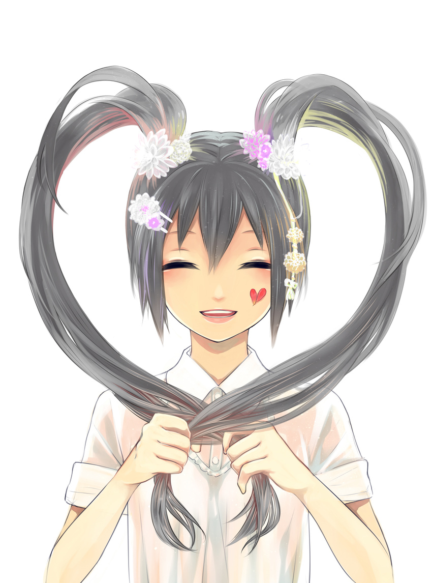 absurdres black_hair eyes_closed female flower hair_ornament heart highres long_hair open_mouth original smile twintails