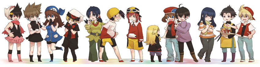 6+boys ahoge anger_vein annoyed bandana belt bike_shorts blue_(pokemon) blue_(pokemon)_(cosplay) brown_hair cosplay costume_switch crossdressing crystal_(pokemon) crystal_(pokemon)_(cosplay) diamond_(pokemon) diamond_(pokemon)_(cosplay) earrings emerald_(pokemon) emerald_(pokemon)_(cosplay) food full_body gold_(pokemon) gold_(pokemon)_(cosplay) hair_brush hair_ornament hairclip hat hat_basket hat_removed headwear_removed heart highres holding holding_hat jewelry long_hair long_image multiple_boys multiple_girls no_hat no_headwear odamaki_sapphire odamaki_sapphire_(cosplay) ookido_green ookido_green_(cosplay) pearl_(pokemon) pearl_(pokemon)_(cosplay) platinum_berlitz platinum_berlitz_(cosplay) pokemon pokemon_special red_(pokemon) red_(pokemon)_(cosplay) ruby_(pokemon) ruby_(pokemon)_(cosplay) scar scarf silver_(pokemon) silver_(pokemon)_(cosplay) simple_background skirt straw_hat twintails umeko_(0516) wide_image yellow_(pokemon) yellow_(pokemon)_(cosplay)