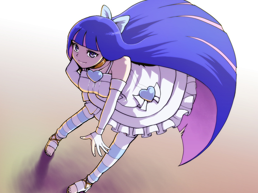 blue_hair chiaki_rakutarou from_above highres leaning_forward long_hair multicolored_hair panty_&amp;_stocking_with_garterbelt pose solo stocking_(psg) striped striped_legwear thighhighs