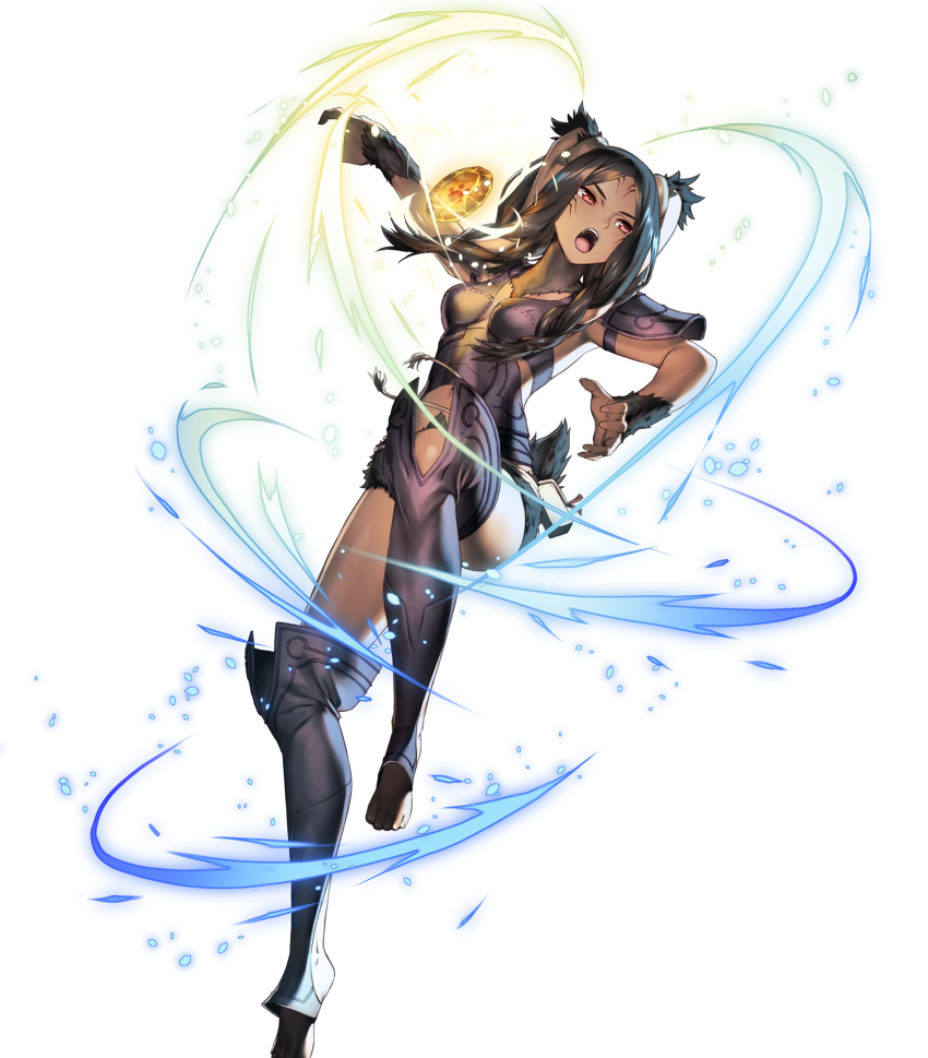 1girl animal_ears armor brown_fur brown_hair bunny_ears cozy dark_skin facial_mark fire_emblem fire_emblem:_kakusei fire_emblem_heroes full_body highres long_hair nintendo official_art pouch red_eyes solo taguel toeless_legwear transparent_background velvet_(fire_emblem)