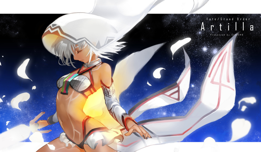 altera_(fate) arched_back artist_name black_nails breasts character_name copyright_name dark_skin detached_sleeves eyes_closed fate/grand_order fate_(series) feathers from_side full_body_tattoo halter_top halterneck headdress highres holding holding_sword holding_weapon nail_polish navel photon_ray profile revealing_clothes small_breasts sword tattoo weapon white_hair xiaobang