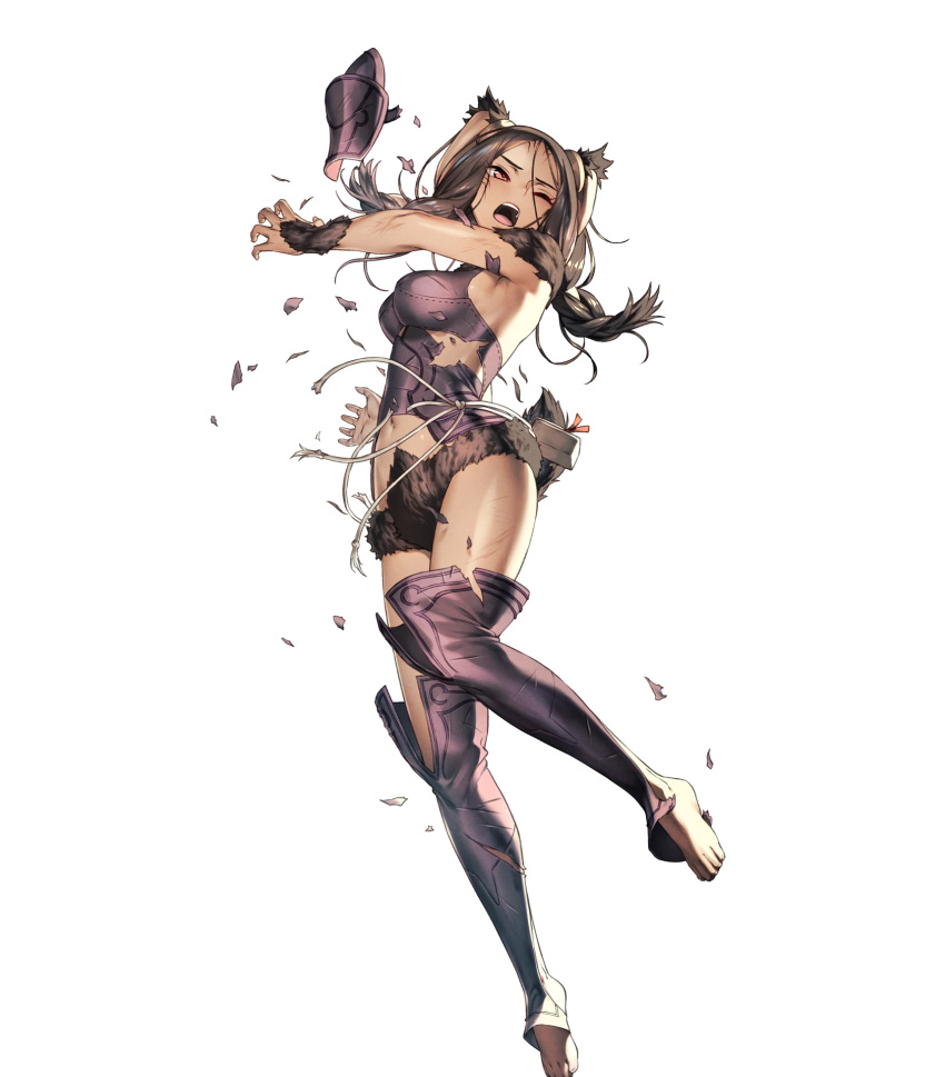 1girl animal_ears armor brown_fur brown_hair bunny_ears cozy dark_skin facial_mark fire_emblem fire_emblem:_kakusei fire_emblem_heroes full_body highres long_hair nintendo official_art pouch red_eyes solo taguel toeless_legwear transparent_background velvet_(fire_emblem)