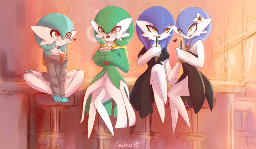 4girls alternate_color aqua_hair aqua_skin artist_name asekeu bangs bar_stool bare_shoulders barefoot black_dress blue_hair blush breasts breath chair character_name closed_mouth collarbone creatures_(company) dated dress drinking_straw eye_contact eyebrows_visible_through_hair female flower game_freak gardevoir gen_3_pokemon green_hair green_skin grey_sweater hair_between_eyes hair_flower hair_ornament half-closed_eyes hand_holding hand_up hands_together hands_up happy heart hibiscus highres holding indian_style indoors interlocked_fingers knees_together_feet_apart legs_crossed long_sleeves looking_at_another miniskirt multiple_girls nintendo no_humans off_shoulder open_mouth pleated_skirt pokemon pokemon_(creature) red_eyes shiny_pokemon short_hair short_sleeves signature sitting skirt sleeveless sleeveless_dress small_breasts smile sparkle stool sweater two-tone_skin v_arms white_flower white_skin white_skirt yellow_capelet yellow_eyes