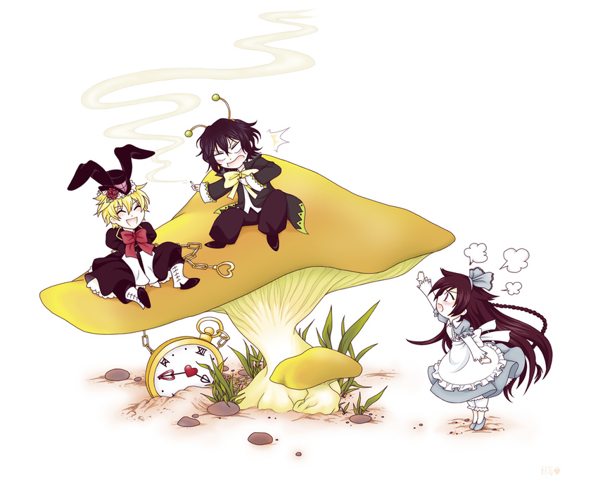 alice_(pandora_hearts) alice_in_wonderland apron cosplay crossover gilbert_nightray hat mushroom oz_vessalius pandora_hearts rabbit_ears ribbon smoking watch