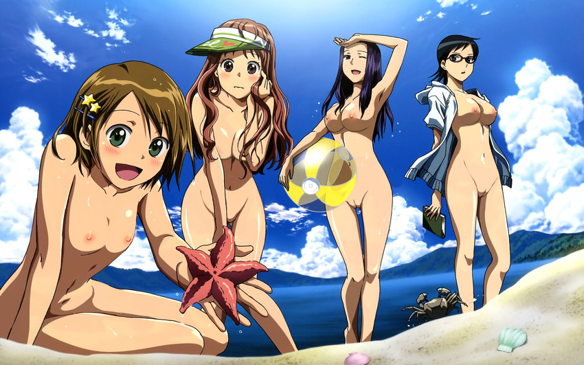 4girls akeno_mihoshi ball beach beachball black_hair blue_sky book breasts brown_hair cloud clouds crab female glasses green_eyes hair_ornament hairclip highres kotozuka_fumie makita_hime multiple_girls nipples nude nude_filter ocean outdoors photoshop purple_hair pussy sky sora_no_manimani starfish uncensored undressing visor water yarai_sayo