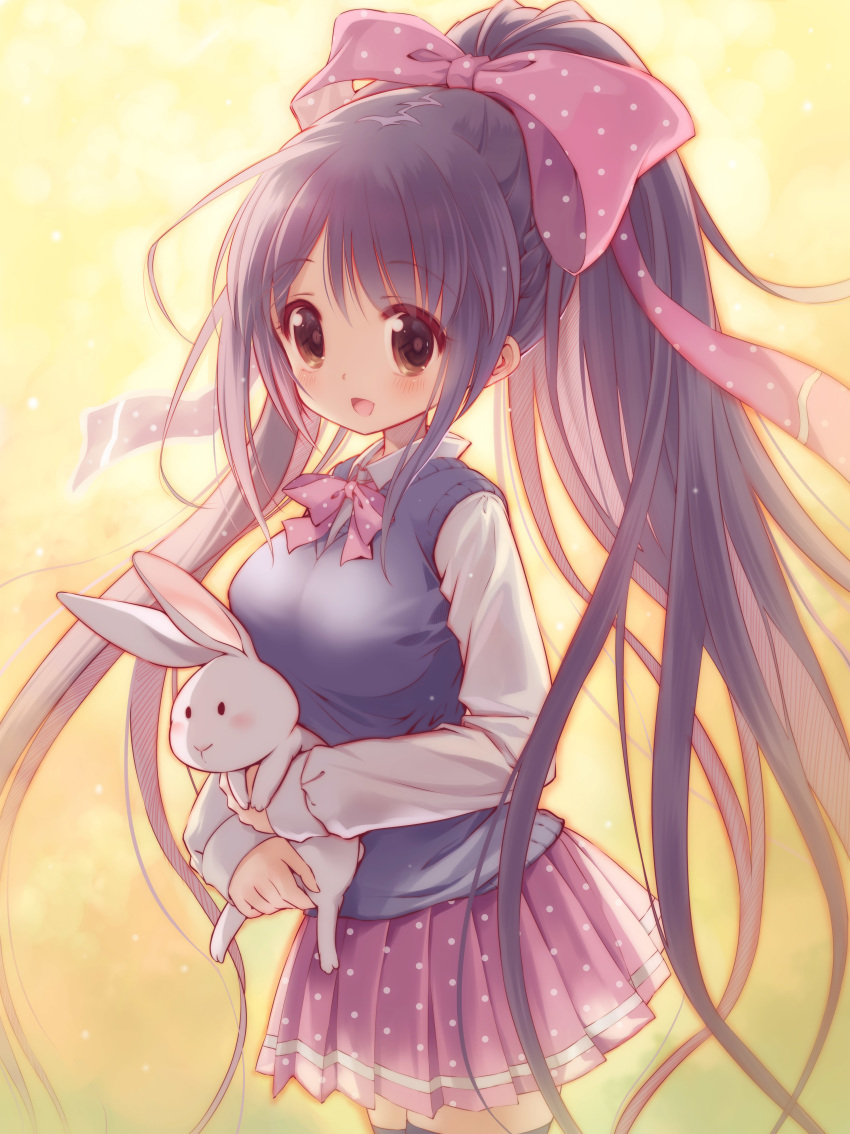 1girl :d absurdres animal animal_hug bangs big_hair blush bow breasts brown_eyes brown_hair bunny collared_shirt commentary_request eyebrows_visible_through_hair hair_between_eyes hair_bow high_ponytail highres kankurou long_hair long_sleeves medium_breasts open_mouth original pink_skirt pleated_skirt polka_dot polka_dot_bow polka_dot_skirt ponytail purple_bow school_uniform shirt skirt smile solo sweater_vest very_long_hair white_shirt