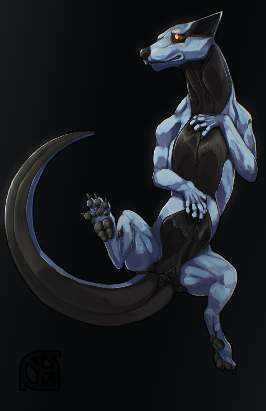 alien anthro anus arkkin biceps black_nose black_skin blue_skin butt claws cosmiclife dark_theme dragon drake_(disambiguation) feet female feral flat_chested hi_res hybrid lying muscular on_back pawpads paws pinup pose pussy scalie semi-anthro solo yellow_eyes