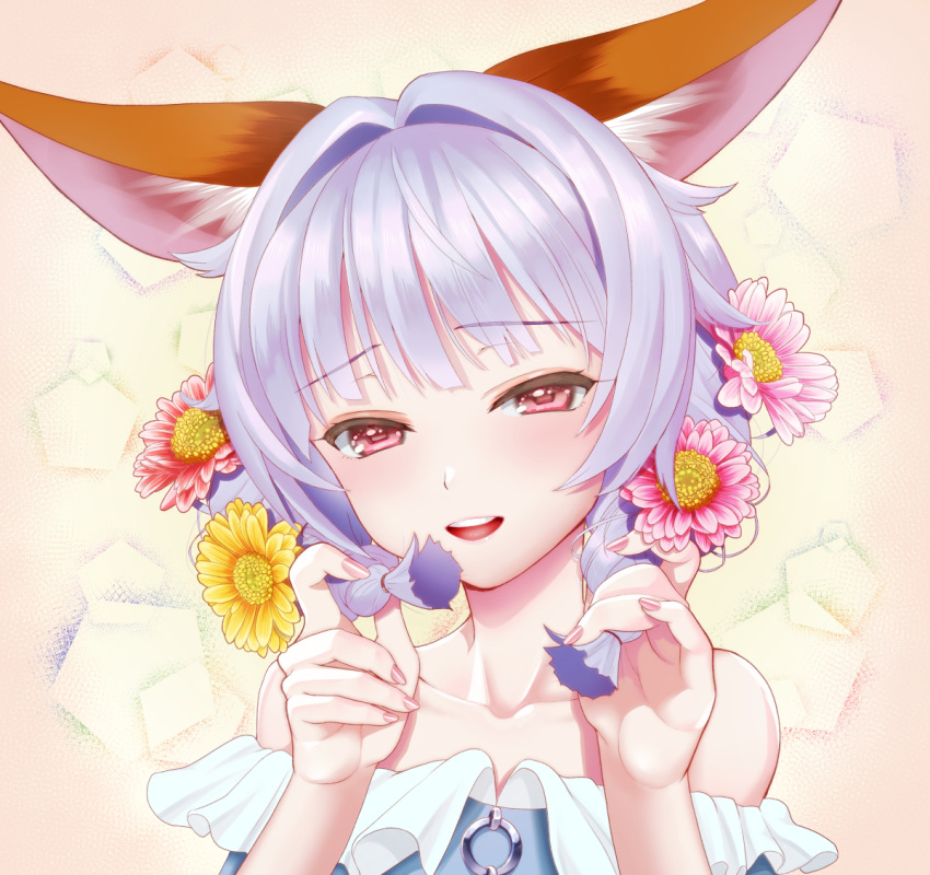 1girl :d animal_ear_fluff animal_ears bangs bare_shoulders blue_dress collarbone commentary_request dress elin_(tera) eyebrows_visible_through_hair flower hair_flower hair_intakes hair_ornament half-closed_eyes head_tilt holding holding_hair kumehara_chiyota looking_at_viewer off-shoulder_dress off_shoulder open_mouth pink_flower purple_hair red_eyes red_flower round_teeth sidelocks smile solo teeth tera_online upper_body upper_teeth yellow_flower