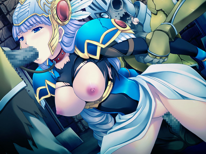 1girl armor artist_request bad_end censored cracked_armor defeated fellatio from_behind group_sex helmet lenneth_valkyrie monster oral sex torn_clothes vaginal valkyrie valkyrie_profile wings