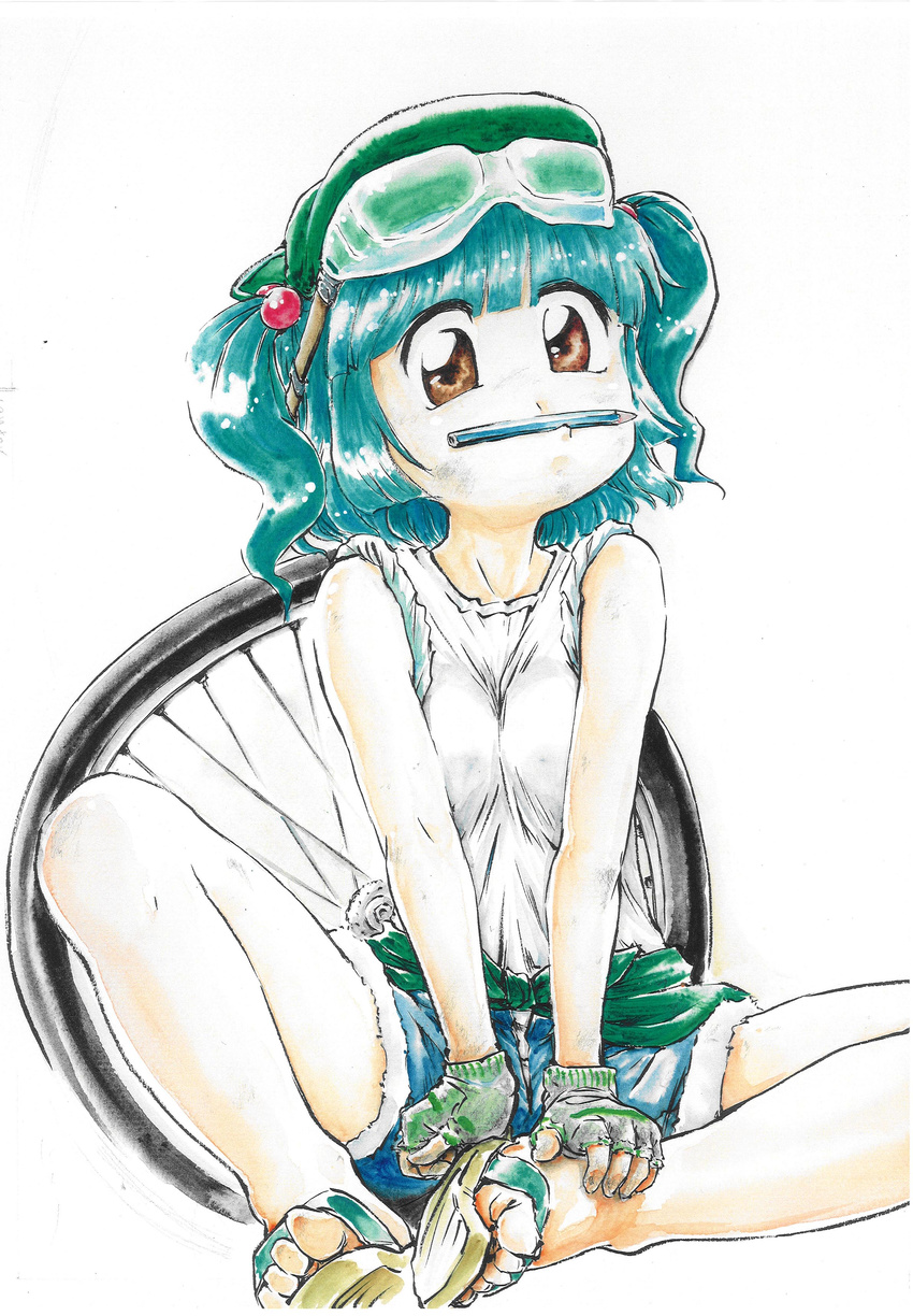 absurdres butterfly_sitting casual fingerless_gloves gloves goggles hands_on_feet highres kawashiro_nitori mouth_hold pencil pencil_mustache sandals shorts simple_background sitting solo stufquin tire toes touhou two_side_up