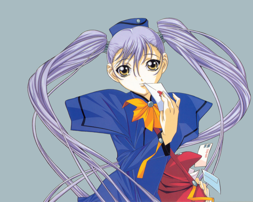 90s bag blue_hair gotou_keiji hat hoshino_ruri kidou_senkan_nadesico long_hair long_sleeves mail official_art simple_background solo twintails