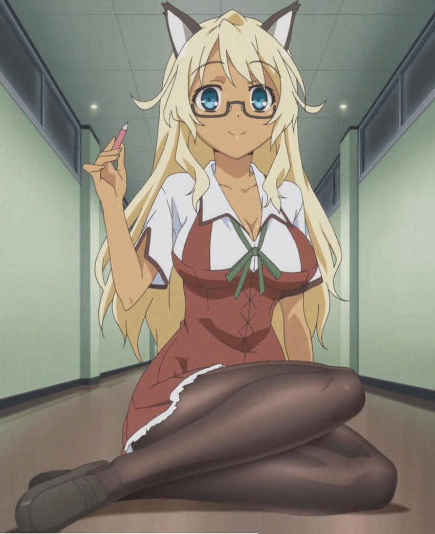 animal_ears blonde_hair blue_eyes breasts cat_ears character_request cleavage dark_skin glasses highres large_breasts long_hair mayo_chiki! narumi_nakuru pantyhose pencil school_uniform screencap smile solo