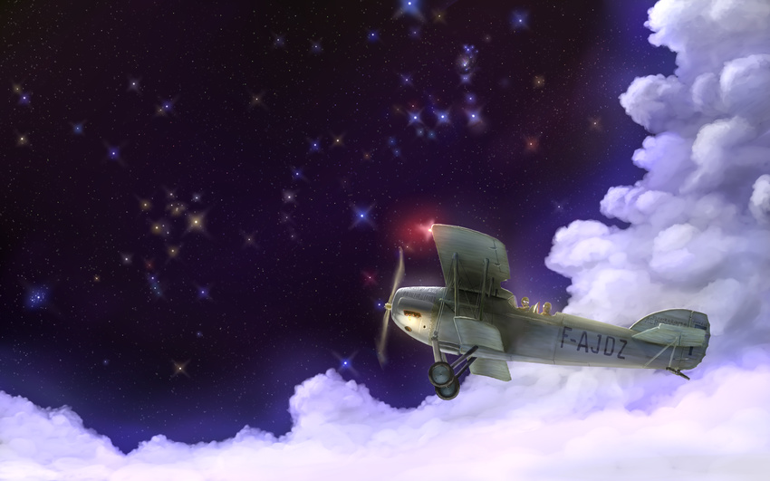 aircraft airplane biplane cloud fabien_(vol_de_nuit) flying fokker highres multiple_boys night night_sky pilot potez_25 sky star_(sky) starry_sky vol_de_nuit