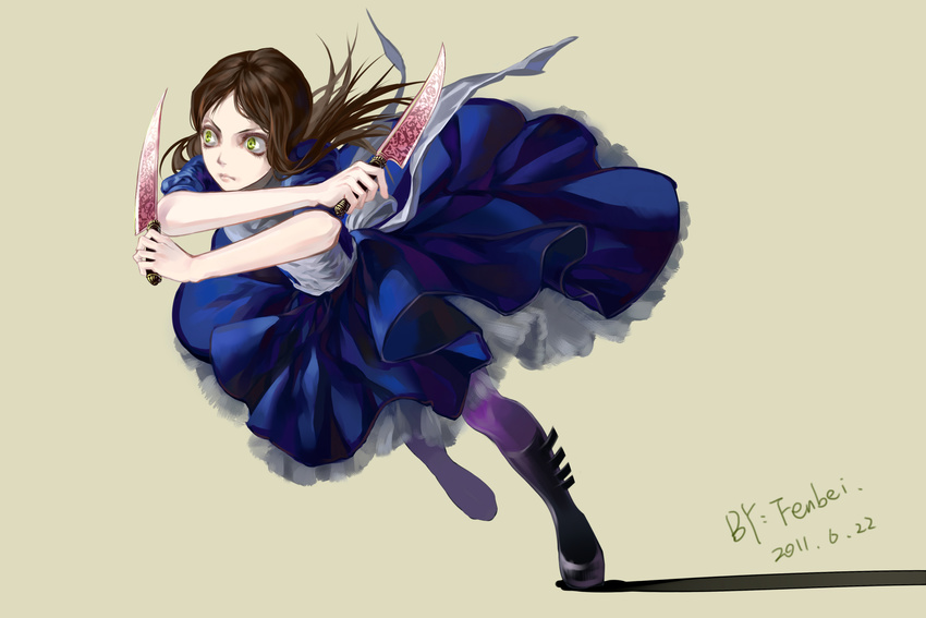 alice:_madness_returns alice_(wonderland) alice_in_wonderland alice_liddell american_mcgee's_alice american_mcgee's_alice black_hair boots dress dual_wield dual_wielding female fenbei green_eyes highres knife long_hair solo vorpal_blade