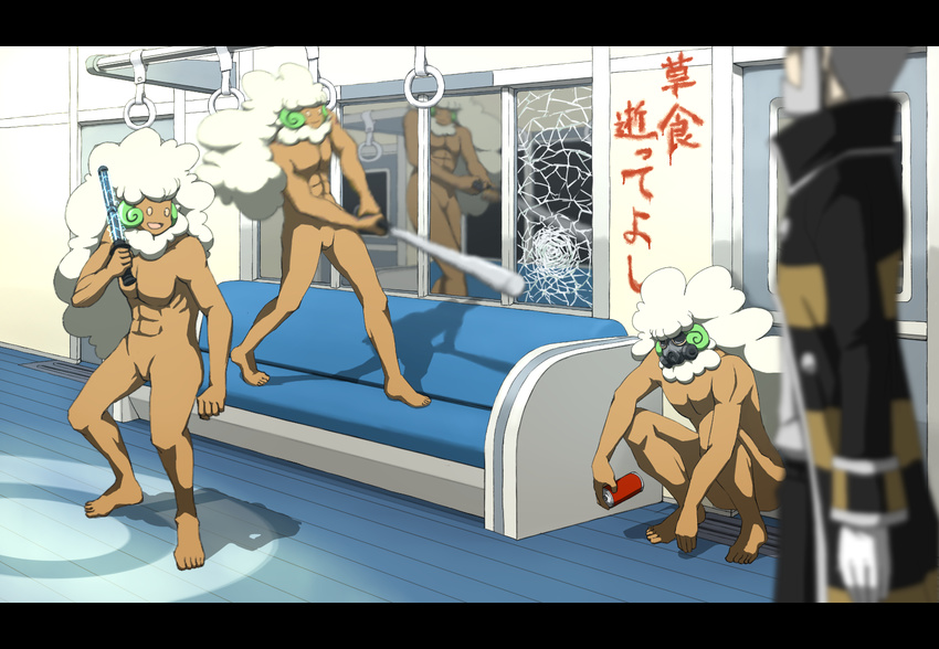 absurdres baseball_bat gas_mask graffiti muscle nikawa_99-do nobori_(pokemon) nozonokusa pokemon pokemon_(game) pokemon_black_and_white pokemon_bw spray_can train what whimsicott