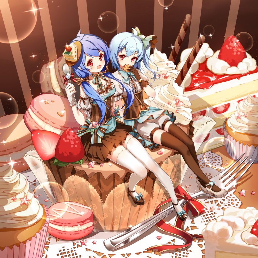 2girls :d bangs bili_girl_22 bili_girl_33 bilibili_douga blue_bow blue_hair blush bow breasts brown_footwear brown_gloves brown_legwear brown_skirt cake center_frills closed_mouth clouble commentary_request doily eating eyebrows_visible_through_hair food fork fruit glint gloves hair_between_eyes hair_ornament highres holding holding_food holding_spoon in_food macaron minigirl multiple_girls open_mouth pleated_skirt puffy_short_sleeves puffy_shorts puffy_sleeves red_eyes shirt shoes short_shorts short_sleeves shorts sitting skirt slice_of_cake small_breasts smile sparkle spoon star strawberry strawberry_shortcake striped striped_background striped_bow thighhighs underbust vertical-striped_background vertical_stripes wafer_stick whipped_cream white_footwear white_gloves white_legwear white_shirt white_shorts