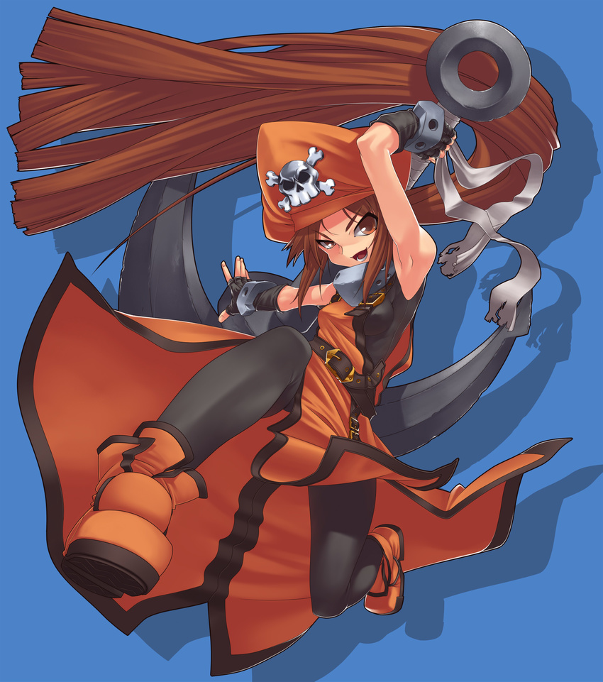 92kuni92 anchor belt black_legwear boots breasts brown_eyes brown_hair fingerless_gloves full_body gloves guilty_gear hat highres long_hair may_(guilty_gear) medium_breasts open_mouth orange_hat orange_shirt pantyhose pirate_hat shirt simple_background skull_and_crossbones solo