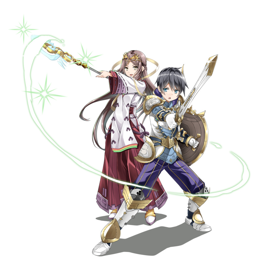 1boy 1girl :d arm_up armor armored_boots bangs belt black_hair blue_eyes blue_pants boots braid circlet eyebrows_visible_through_hair fan_la_norne fauls french_braid full_body glint hakama highres holding holding_shield holding_staff holding_sword holding_weapon hugo_el_superbia japanese_clothes knee_boots light_trail long_hair long_sleeves looking_at_viewer nintendo open_mouth outstretched_arm pants parted_lips pauldrons red_hakama ribbon-trimmed_sleeves ribbon_trim shield shinohara_shinome shoulder_armor simple_background smile staff standing straight_hair striped sword v-shaped_eyebrows vertical-striped_pants vertical_stripes very_long_hair weapon white_background white_footwear wide_sleeves xenoblade_(series) xenoblade_2 yellow_eyes