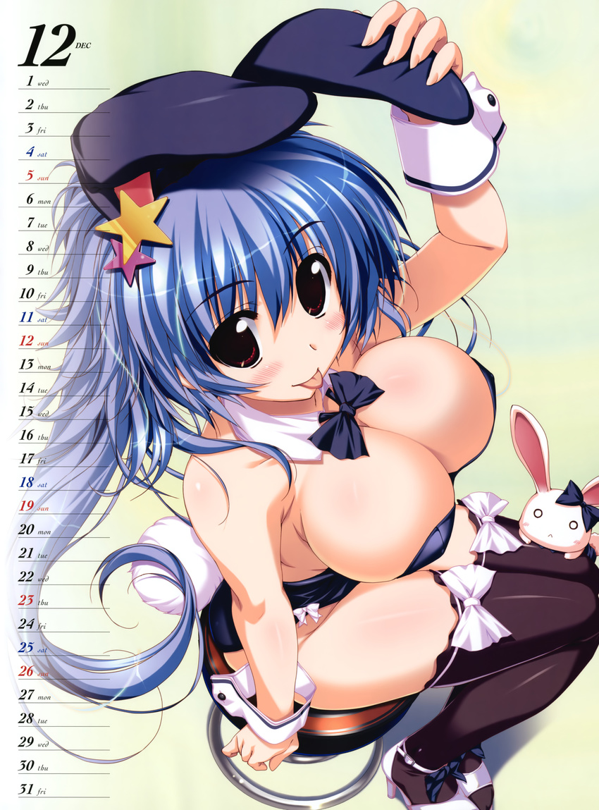 absurdres animal_ears blue_hair bow bowtie breasts bunny bunny_ears bunny_girl bunny_tail bunnysuit calendar_(medium) cleavage december detached_collar from_above highres large_breasts long_hair mitsumine_minato oshiki_hitoshi red_eyes solo stool suzunone_seven tail thighhighs