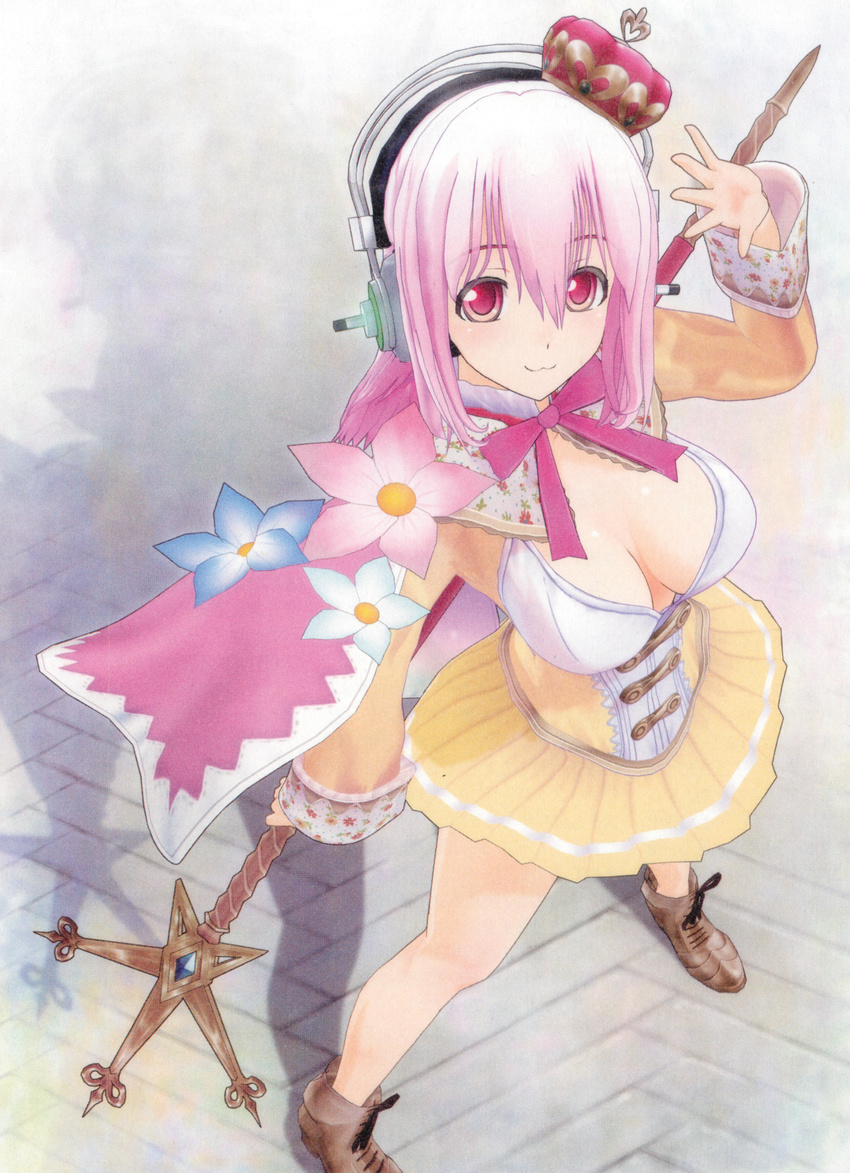 :3 absurdres atelier_(series) atelier_meruru bare_legs bow breasts cleavage cosplay crown from_above headphones highres large_breasts merurulince_rede_arls merurulince_rede_arls_(cosplay) nitroplus pink_eyes pink_hair red_bow skirt solo source_request staff super_sonico tsuji_santa yellow_skirt