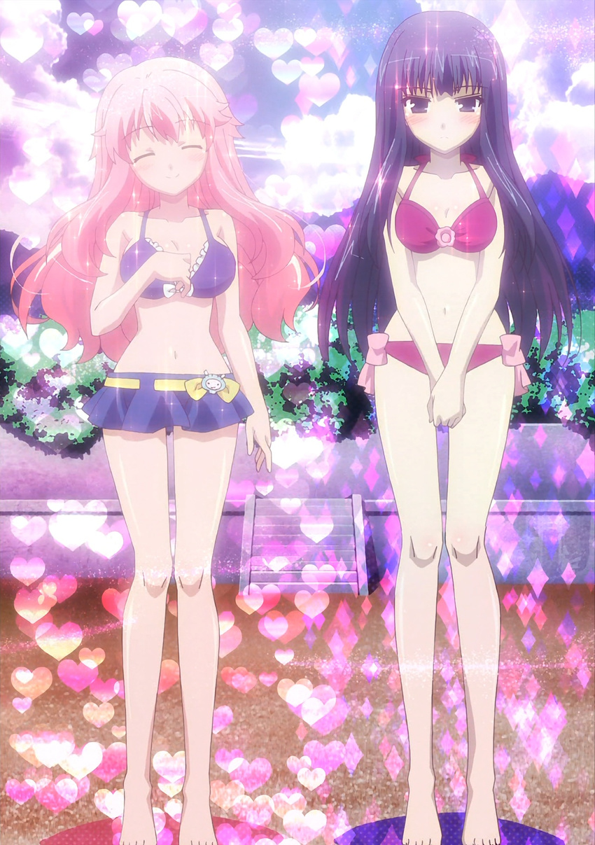 2girls baka_to_test_to_shoukanjuu bikini blush breasts busty cap cleavage eyes_closed highres himeji_mizuki kirishima_shouko legs long_hair multiple_girls pink_hair screencap smile swimsuit thighs