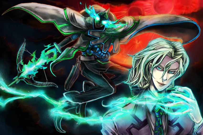 bad_id bad_pixiv_id bellbottoms blue_eyes bow bow_(weapon) cape crossbow fire formal full_moon gloves glowing glowing_eyes green_fire hair_bow high_heels lips long_hair lunatic_(tiger_&amp;_bunny) luneru22 male_focus mask moon necktie pale_skin ponytail shoes suit superhero tiger_&amp;_bunny weapon white_hair yuri_petrov