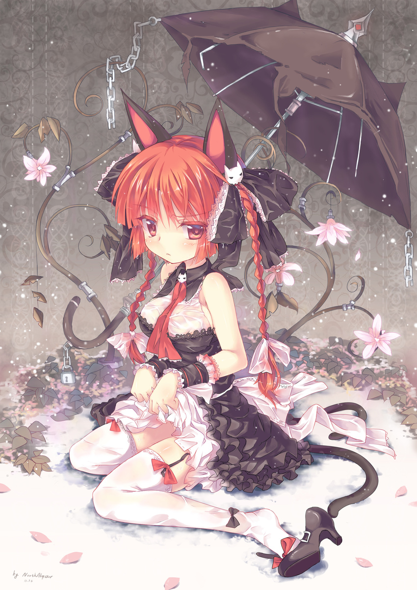 absurdres alternate_costume animal_ears artist_name bangs black_bow black_dress black_footwear blush bow braid breasts cat_ears cat_tail chain closed_mouth dress dress_lift flower frills frown full_body garter_straps hair_bow hair_ornament high_heels highres kaenbyou_rin lace large_breasts lock lolita_fashion long_hair looking_at_viewer mary_janes multiple_tails nekomata no_panties north_abyssor petals red_bow red_eyes red_hair sash shiny shiny_hair shiny_skin shoe_bow shoe_dangle shoes sidelocks signature sitting solo tail thighhighs torn_umbrella touhou twin_braids twintails umbrella wariza wet wet_clothes white_bow white_legwear wrist_cuffs