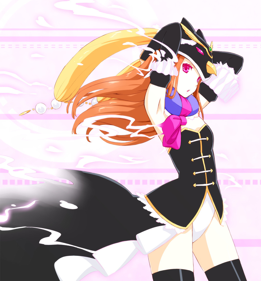 animal_hat armpits arms_up bad_id bad_pixiv_id black_legwear dissolving_clothes elbow_gloves fingerless_gloves gloves hand_behind_head hat highres long_hair long_skirt looking_at_viewer mawaru_penguindrum nagian orange_hair pink_eyes pink_ribbon princess_of_the_crystal ribbon skirt solo takakura_himari thighhighs