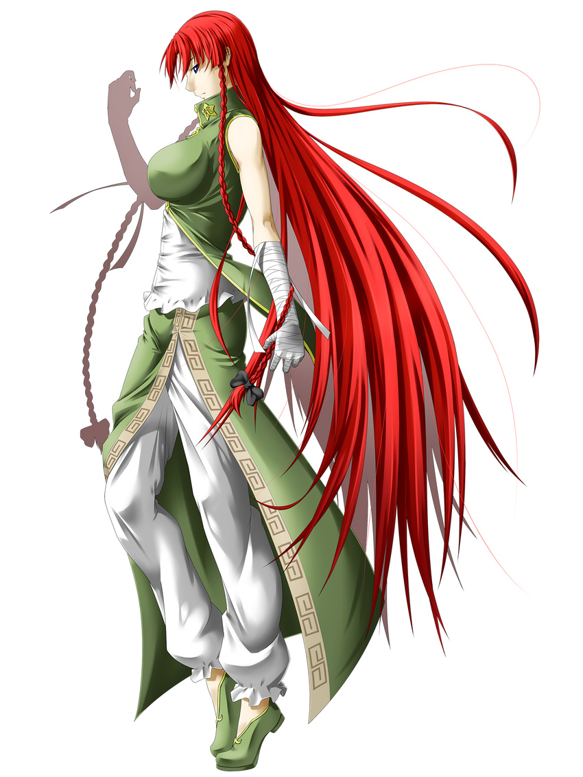 bad_id bad_pixiv_id bandages blue_eyes braid breasts china_dress chinese_clothes dress highres hong_meiling large_breasts long_hair niwatazumi no_hat no_headwear pants pants_under_dress red_hair simple_background solo star touhou twin_braids