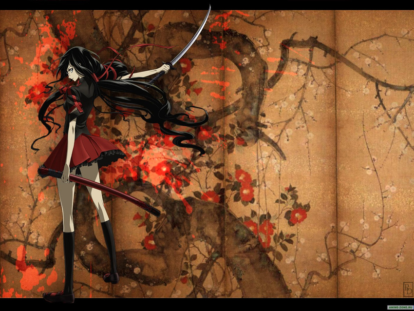 black_hair blood-c brown_eyes clamp katana kisaragi_saya sword weapon