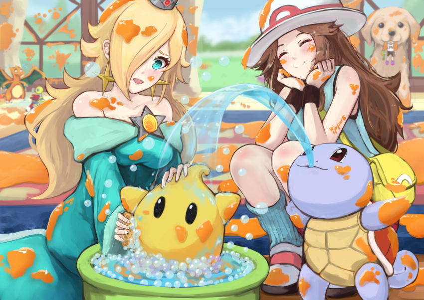 1boy 3girls :3 :d ^_^ aqua_eyes bag bare_shoulders bathtub black_eyes blonde_hair blue_(pokemon) blue_dress blush breasts brown_hair carpet charizard chiko_(mario) closed_eyes closed_mouth collarbone commentary creatures_(company) crown day dress earrings eating eyes_closed f.l.u.d.d. flying_sweatdrops game_freak gen_1_pokemon hair_over_one_eye handbag hands_on_own_cheeks hands_on_own_face hat highres indoors ink inkling ippers jewelry leg_warmers long_hair long_sleeves mario_(series) medium_breasts multiple_girls nintendo nintendogs off-shoulder_dress off_shoulder open_mouth outstretched_arms pokemon pokemon_(creature) pokemon_(game) pokemon_frlg red_eyes rosetta_(mario) shoes shoulder_bag sitting smile soap splatoon_(series) sponge squatting squirtle star sun_hat super_mario_galaxy super_mario_sunshine super_smash_bros. super_smash_bros._ultimate sweat sweatband symbol_commentary tank_top washing when_you_see_it white_footwear white_hat