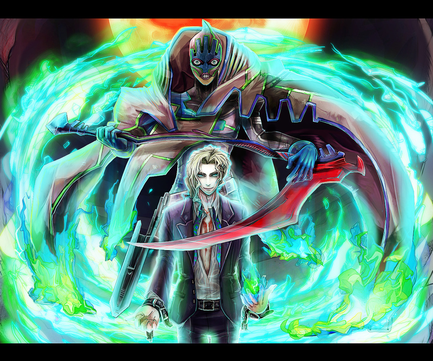 bad_id bad_pixiv_id blood blue_eyes blue_fire cape fire formal full_moon gloves green_fire hair_ornament hairclip letterboxed lips long_hair lunatic_(tiger_&amp;_bunny) luneru22 male_focus mask moon necktie pale_skin scythe suit superhero tiger_&amp;_bunny white_hair yuri_petrov