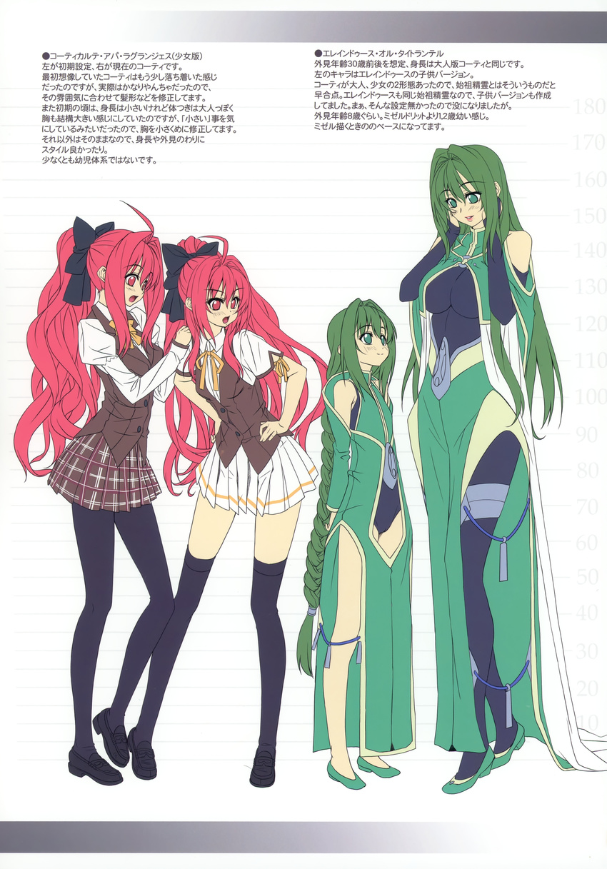 absurdres age_comparison aqua_eyes artist_request breasts bridal_gauntlets cameltoe corticarte_apa_lagranges dress elleinduse_ol_tightrantell flat_color green_hair hair_intakes highres large_breasts long_hair multiple_girls pantyhose red_hair shinkyoku_soukai_polyphonica standing thigh_strap translation_request turtleneck underboob younger