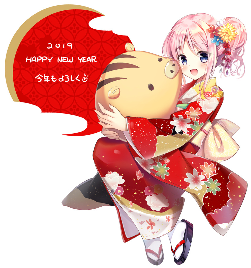 1girl 2019 :d bangs black_footwear blue_flower blush chinese_zodiac commentary_request eyebrows_visible_through_hair floral_print flower full_body hair_flower hair_ornament happy_new_year highres japanese_clothes kimono long_hair looking_at_viewer nengajou new_year open_mouth original pink_hair print_kimono purple_eyes red_flower red_kimono sidelocks smile socks solo tabi white_background white_legwear year_of_the_pig yellow_flower youta zouri