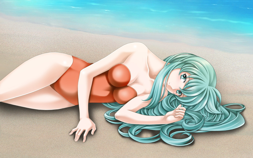 bad_id bad_pixiv_id beach casual_one-piece_swimsuit eirika fire_emblem fire_emblem:_seima_no_kouseki green_eyes green_hair highres long_hair lying on_side one-piece_swimsuit solo swimsuit tamamon