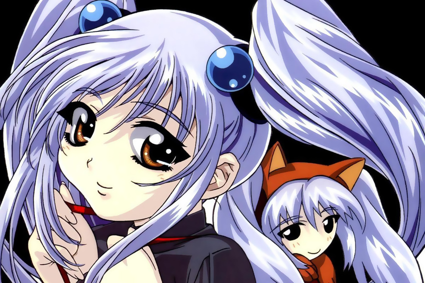 90s animal_ears brown_eyes cat_ears gotou_keiji hoshino_ruri kidou_senkan_nadesico long_hair official_art silver_hair simple_background smile solo twintails