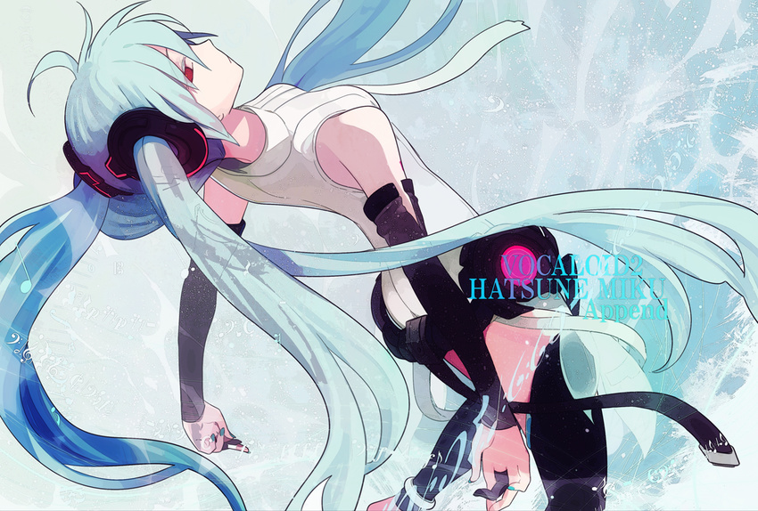 aqua_hair bad_id bad_pixiv_id banned_artist bridal_gauntlets elbow_gloves fingerless_gloves gloves harano hatsune_miku hatsune_miku_(append) long_hair necktie red_eyes solo twintails very_long_hair vocaloid vocaloid_append