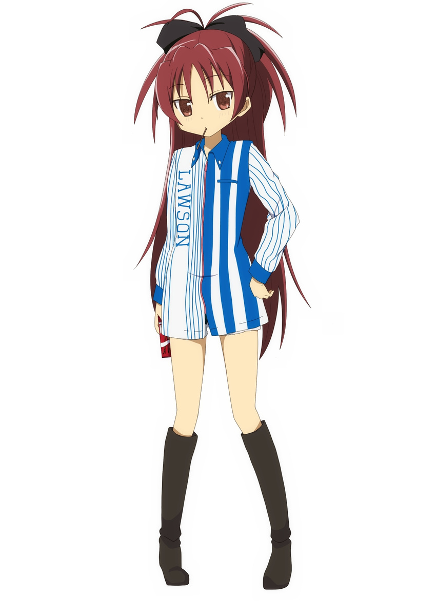 alternate_costume amano_kouki boots employee_uniform food highres lawson long_hair mahou_shoujo_madoka_magica no_pants pocky ponytail red_eyes red_hair sakura_kyouko solo uniform