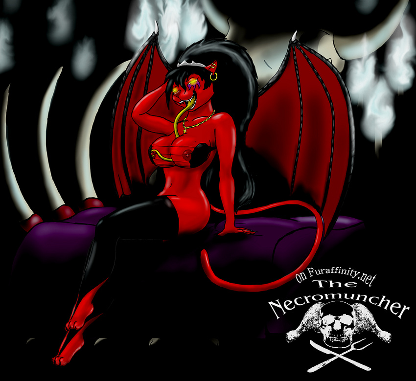 breasts cat clothed clothing daemoness darkness demon feline female hot invalid_tag mammal necromuncher nipples red red_body red_nipples sitting skimpy solo succubus tongue wings