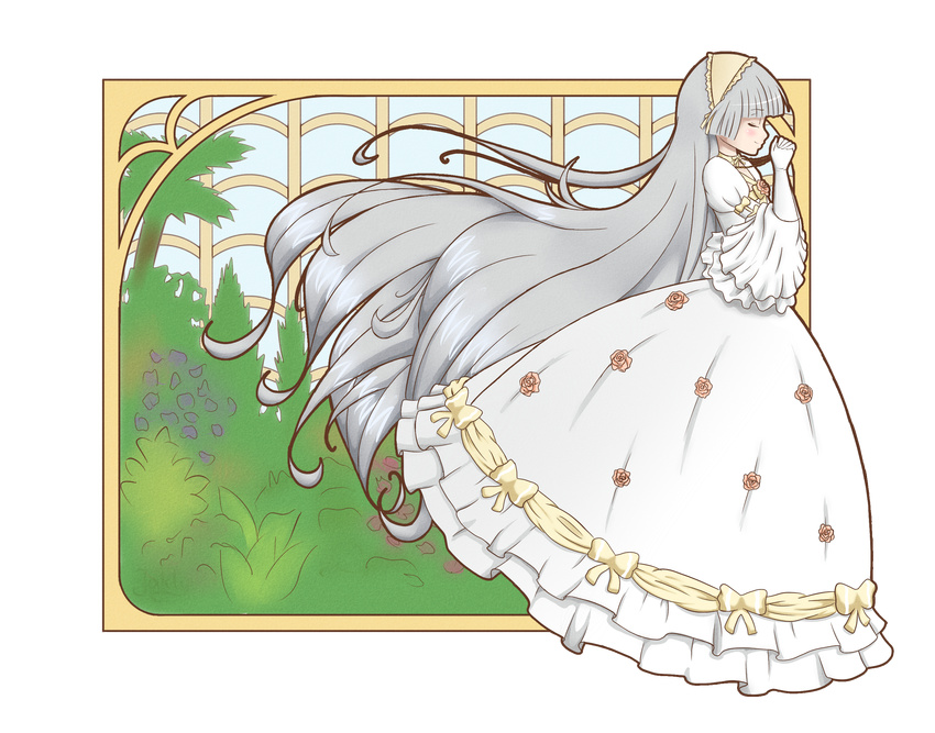 closed_eyes dress flower frills gosick hairband hands_clasped highres jakly jewelry lolita_fashion long_hair necklace own_hands_together profile silver_hair solo spoilers very_long_hair victorica_de_blois