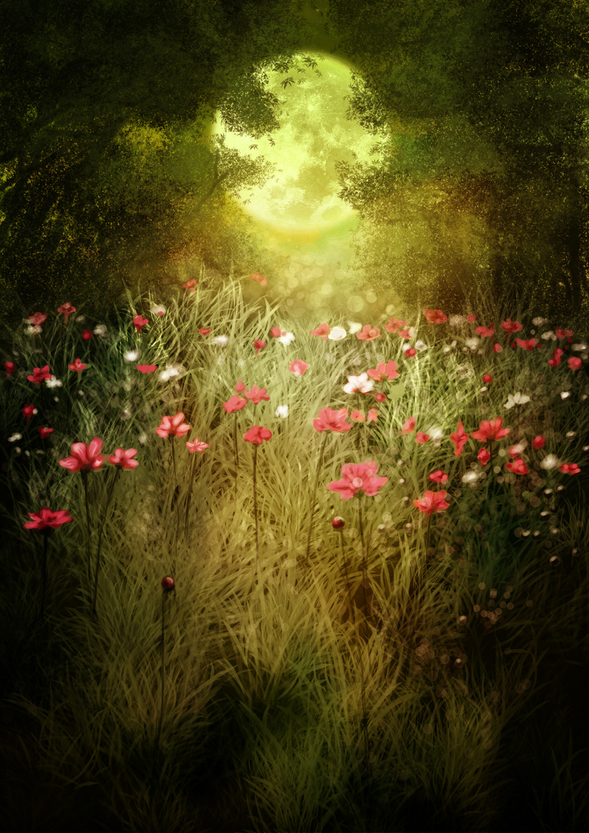 bad_pixiv_id blurry bokeh depth_of_field flower full_moon grass green_moon heiyuen highres moon moonlight nature night night_sky no_humans original scenery sky