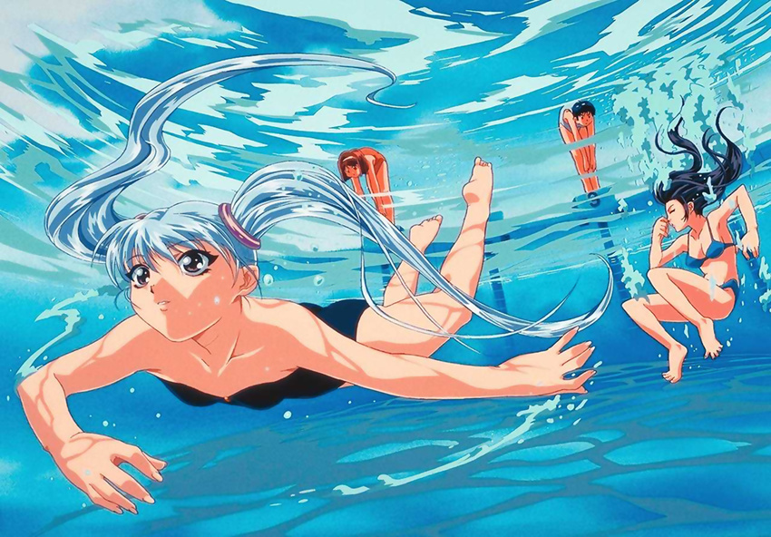 90s air_bubble bangs bare_shoulders barefoot bent_over bikini black_hair black_swimsuit blue_bikini blue_hair brown_hair bubble caustics floating_hair from_below gotou_keiji holding_breath hoshino_ruri kidou_senkan_nadesico leaning_forward long_hair looking_away misumaru_yurika multiple_girls nose_pinch official_art one-piece_swimsuit parted_lips plantar_flexion pool short_hair strapless submerged swimming swimsuit twintails underwater very_long_hair