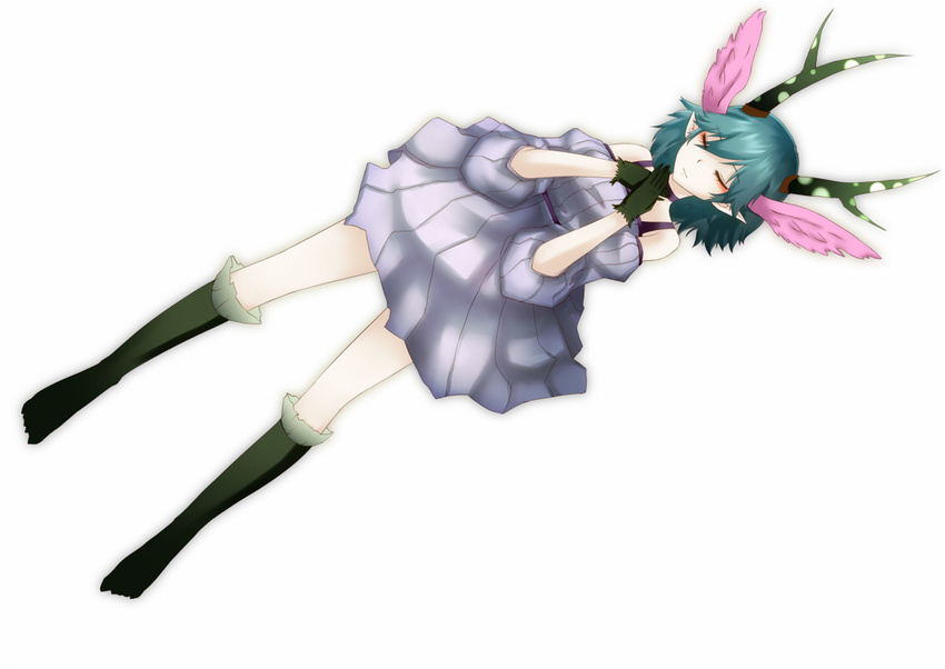 bare_shoulders blue_hair c_(control) cheungchz closed_eyes dress gloves head_wings horns kneehighs pointy_ears q_(control) short_hair simple_background solo